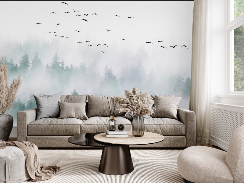 Fototapet Personalizat Păsări în Ceață – Atmosferă Calmă și Design Elegant