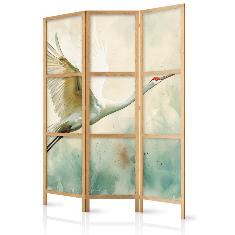 Paravan japonez - Crane in flight - bird painted in watercolour technique on a greenish texture background