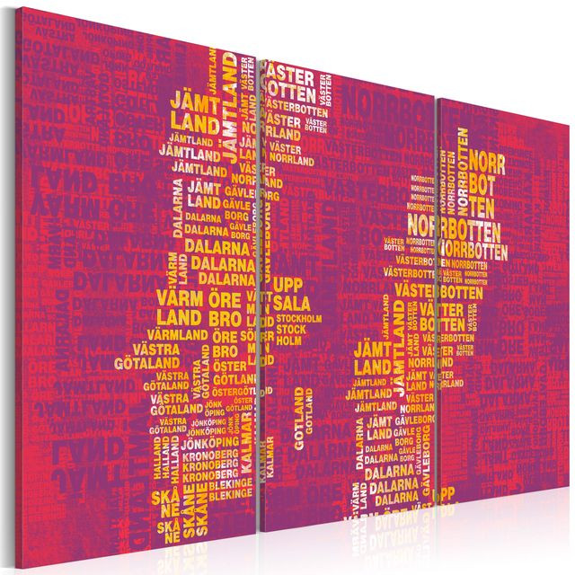 Tablou - Text map of Sweden (pink background) - triptych