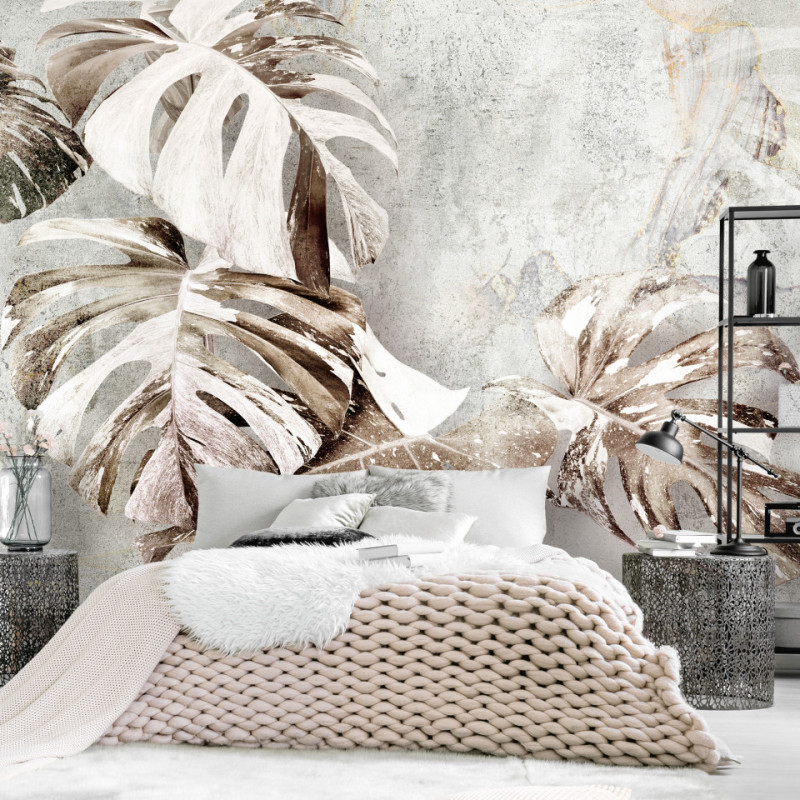 Fototapet - Monstera - frunze decorative în sepia pe fundal de marmură