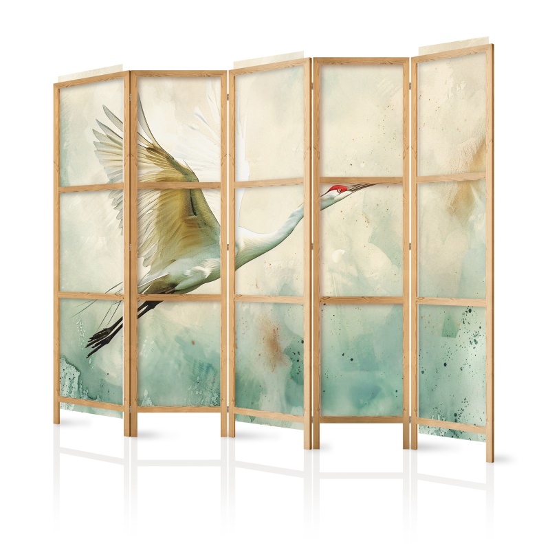 Paravan japonez - Crane in flight - bird painted in watercolour technique on a greenish texture background