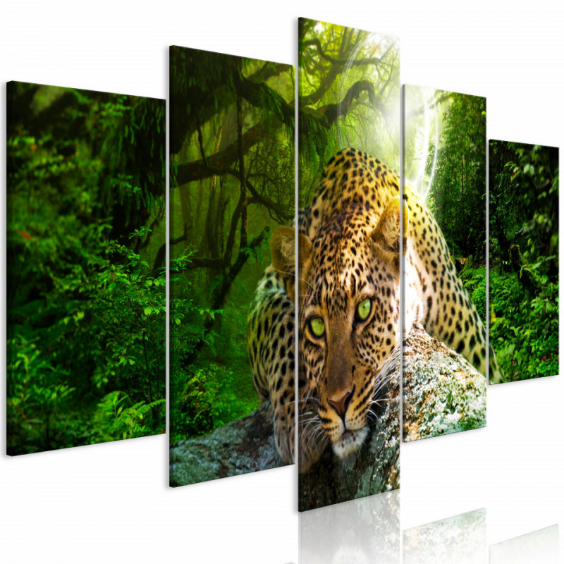 Tablou - Leopard Lying (5 Parts) Wide Green