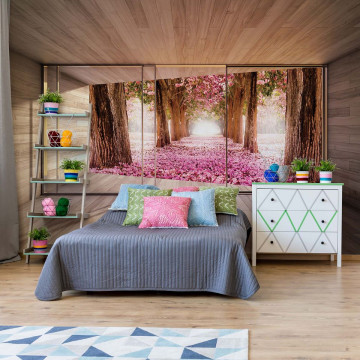 Forest Pink Blossom 3D Modern Window View Photo Wallpaper Wall Mural - Img 2