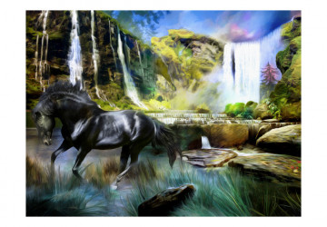 Fototapet - Horse on the background of sky-blue waterfall - Img 2