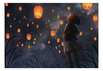 Fototapet - Lămpi japoneze - fetiță și cerul nopții în stil anime - Img 2