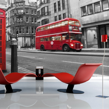 Fototapet - Red bus and phone box in London - Img 1