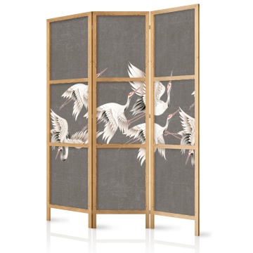 Paravan japonez - Ornament with cranes - bright bird silhouettes on grey background with texture - Img 1
