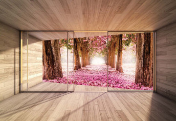 Forest Pink Blossom 3D Modern Window View Photo Wallpaper Wall Mural - Img 3