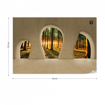 Forest Sunrise 3D Concrete Arches View Photo Wallpaper Wall Mural - Img 1