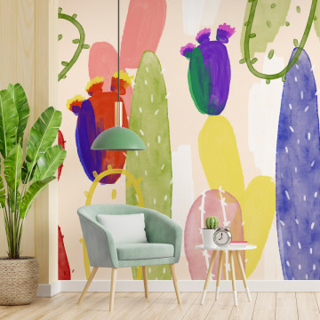 Fototapet - Cactuși Colorați - Abstract Botanic cu Suculente Aquarelle și Pete - Img 1