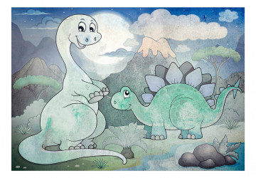 Fototapet - Dinozauri pentru copii - Diplodocus și Stegosaurus pe fundalul unui vulcan - Img 2