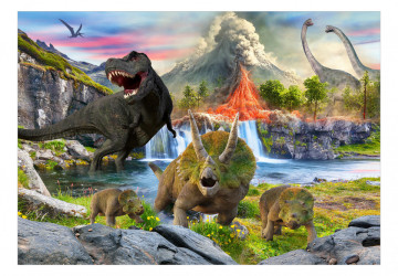 Fototapet - Dinozauri realiști - reptile în peisaj cu vulcan și cascadă - Img 2