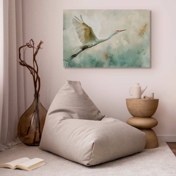 Tablou - Crane in flight - bird painted in watercolour technique on a greenish texture background - Img 4