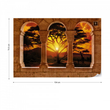 Africa Sunset Tree Silhouette View Through Stone Arches Photo Wallpaper Wall Mural - Img 1