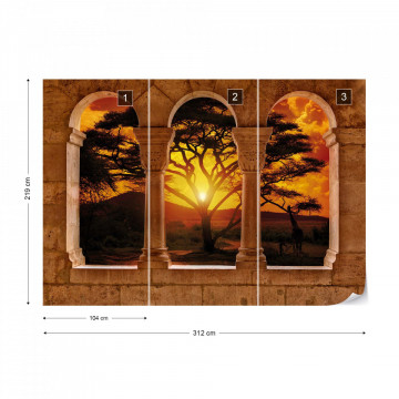 Africa Sunset Tree Silhouette View Through Stone Arches Photo Wallpaper Wall Mural - Img 12