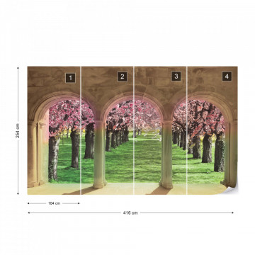 Flowering Trees Cherry Blossom View Through Stone Arches Photo Wallpaper Wall Mural - Img 13