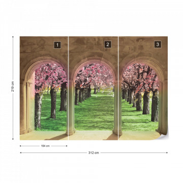 Flowering Trees Cherry Blossom View Through Stone Arches Photo Wallpaper Wall Mural - Img 12