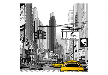 Fototapet - Benzi Desenate Despre New York - Arhitectură Alb-Negru cu Taxiuri Galbene - Img 2
