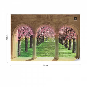 Flowering Trees Cherry Blossom View Through Stone Arches Photo Wallpaper Wall Mural - Img 1
