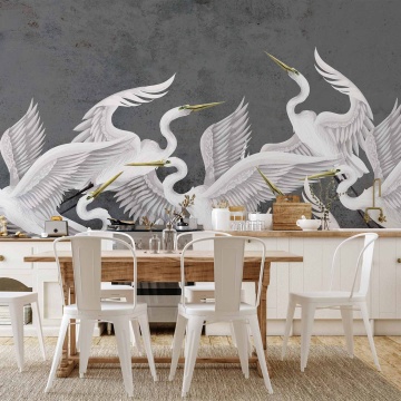 Fototapet - Flutter of wings - white herons on dark grey textured background - Img 2
