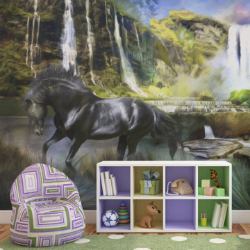 Fototapet - Horse on the background of sky-blue waterfall - Img 1