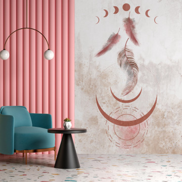 Fototapet - Magie Boho - Compoziție cu Forme Geometrice și Pene - Img 1