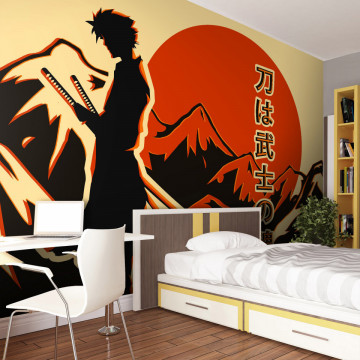 Fototapet - Samurai singuratic - inscripție japoneză, peisaj montan și personaj anime - Img 1