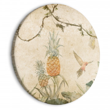 Tablou rotund - Tropics in muted colors - Parrots and pineapples amidst lush exotic flora in soft shades of green/Parrots in the jungle - Img 1