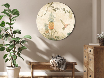 Tablou rotund - Tropics in muted colors - Parrots and pineapples amidst lush exotic flora in soft shades of green/Parrots in the jungle - Img 2