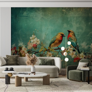 Tapet premium pasari in fundal verde