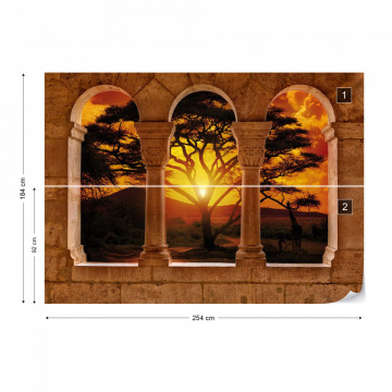 Africa Sunset Tree Silhouette View Through Stone Arches Photo Wallpaper Wall Mural - Img 5