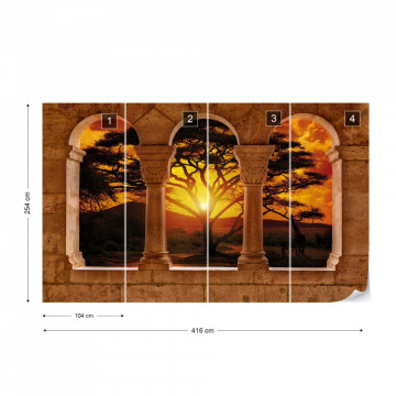 Africa Sunset Tree Silhouette View Through Stone Arches Photo Wallpaper Wall Mural - Img 13