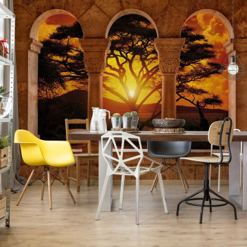 Africa Sunset Tree Silhouette View Through Stone Arches Photo Wallpaper Wall Mural - Img 2