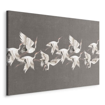 Tablou - Ornament with cranes - bright bird silhouettes on a textured grey background - Img 1