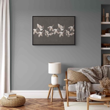 Tablou - Ornament with cranes - bright bird silhouettes on a textured grey background - Img 7