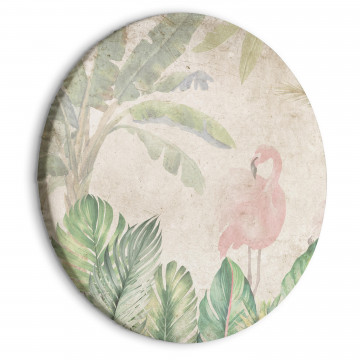 Tablou rotund - Birds wading among exotic flora - Flamingos amidst lush tropical vegetation in soft pastel shades of green/Birds in the jungle - Img 1