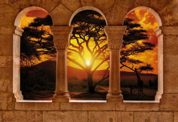 Africa Sunset Tree Silhouette View Through Stone Arches Photo Wallpaper Wall Mural - Img 3
