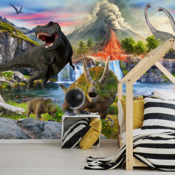 Fototapet - Dinozauri realiști - reptile în peisaj cu vulcan și cascadă - Img 1