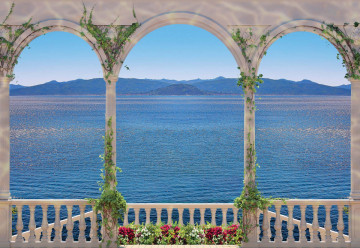 Fototapet - Privelistea marii printre arcade 4