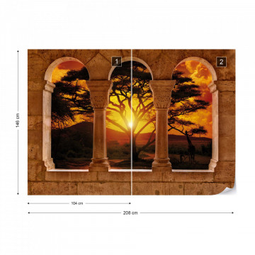 Africa Sunset Tree Silhouette View Through Stone Arches Photo Wallpaper Wall Mural - Img 11