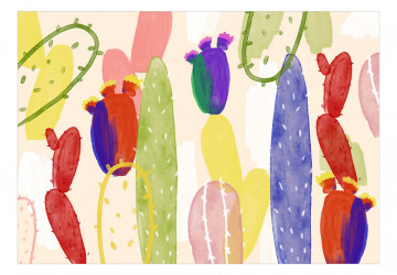 Fototapet - Cactuși Colorați - Abstract Botanic cu Suculente Aquarelle și Pete - Img 2