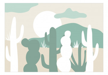 Fototapet - Cactuși deșertic - peisaj minimalist în culorile nisipului și verde - Img 2