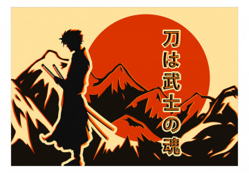 Fototapet - Samurai singuratic - inscripție japoneză, peisaj montan și personaj anime - Img 2
