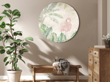 Tablou rotund - Birds wading among exotic flora - Flamingos amidst lush tropical vegetation in soft pastel shades of green/Birds in the jungle - Img 2