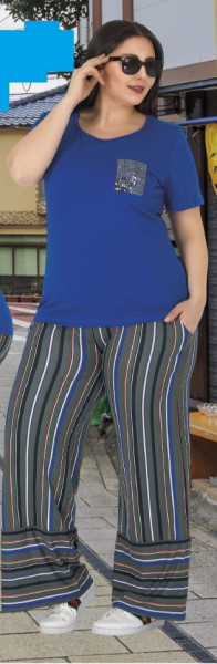 Compleu dama - bluza si pantalon - masura mare bluza albastra si pantaloni cu dungi multicolore pt masura 46-48-50 - Img 4