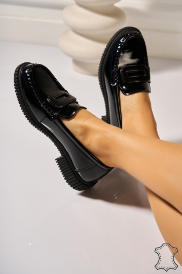 Дамски мокасини Лакирана Естествена Кожа Черно Eselia2