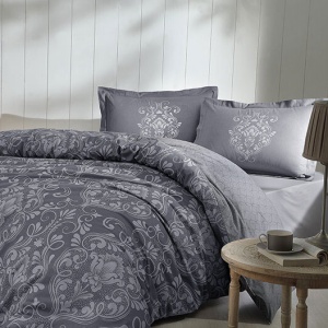 Lenjerie de pat bumbac ranforce, 4 piese, 2 persoane, Antico, Imprimeu floral, Antracit