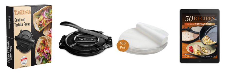 Kit Presa tortilla, Tortillada, fonta pre-asezonata, include hartie de copt x 100 buc