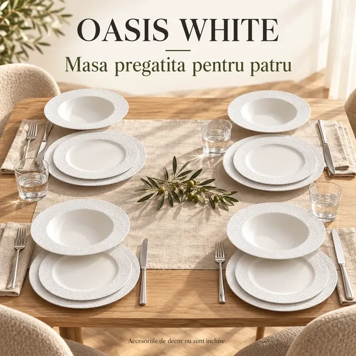 Masa aranjata pentru patru persoane cu farfurii Oasis White