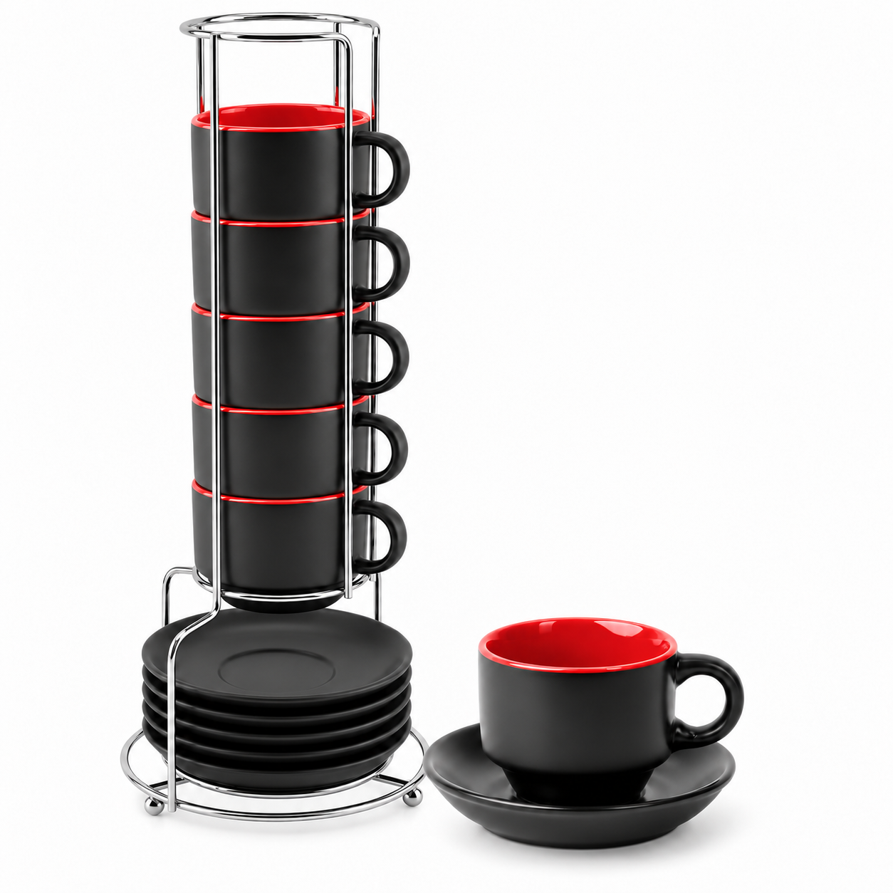 Set 6 cești espresso MIAMIO Le Papillon Roșu, 75 ml, cu farfurioare și suport metalic